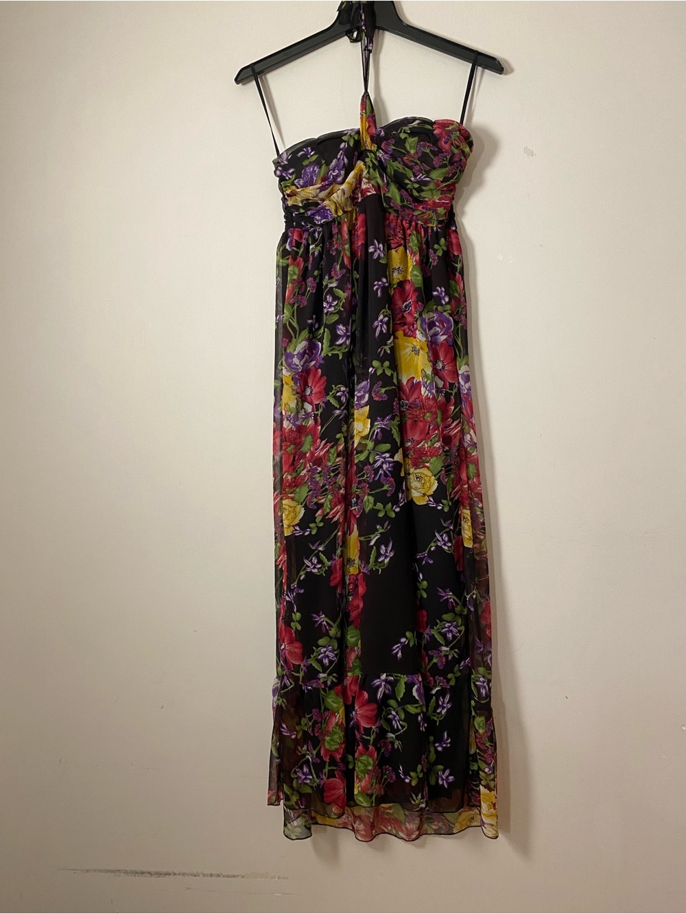 Black Multi Floral Maxi Dress with Sweetheart halter Neckline